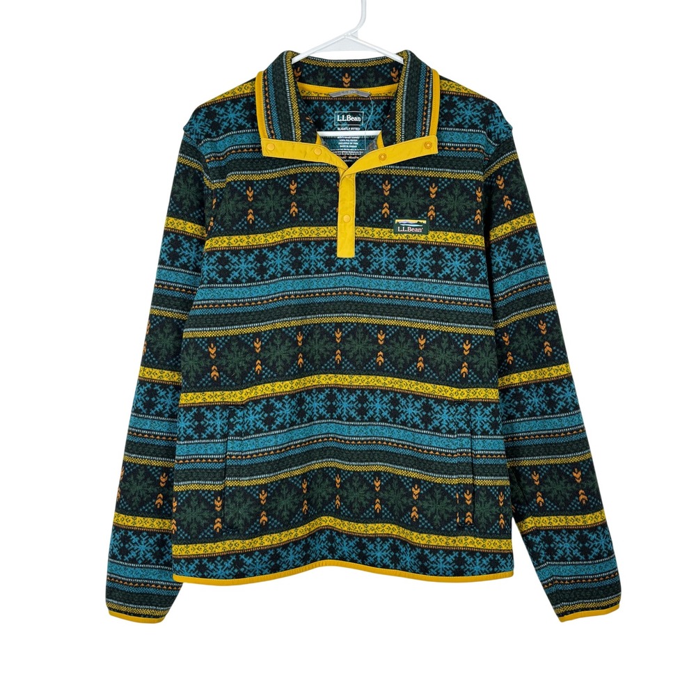 LL Bean Sweater Fleece Pullover Women Medium Teal Fair Isle Winter Cabin Outdoor
